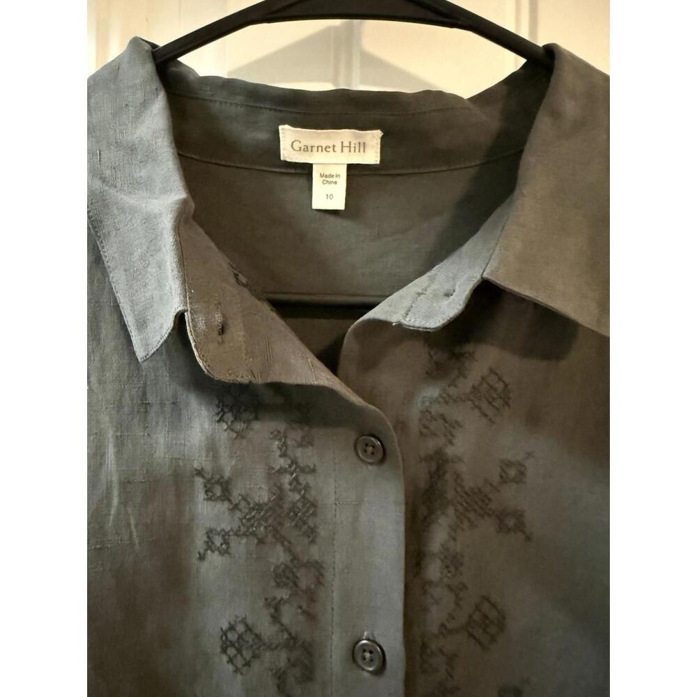 Garnett Hill Embroidered Front Button Down Shirt Dress Size 10 Linen Silk Blend - Picture 5 of 9
